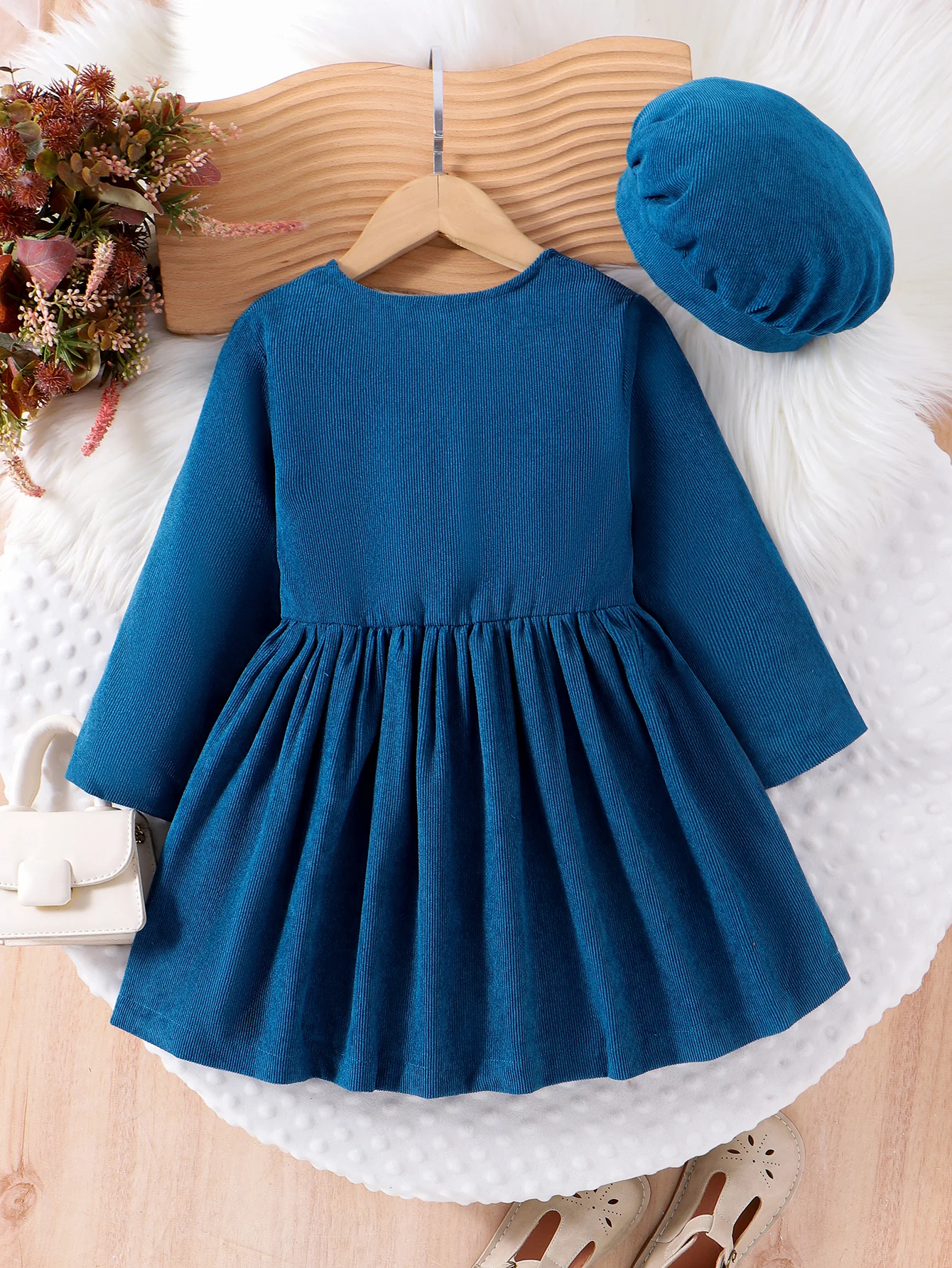 2 قطعة جديد الخريف والشتاء فتاة طفلة 4-7 سنة حلوة ومريحة فستان بأكمام طويلة + قبعة