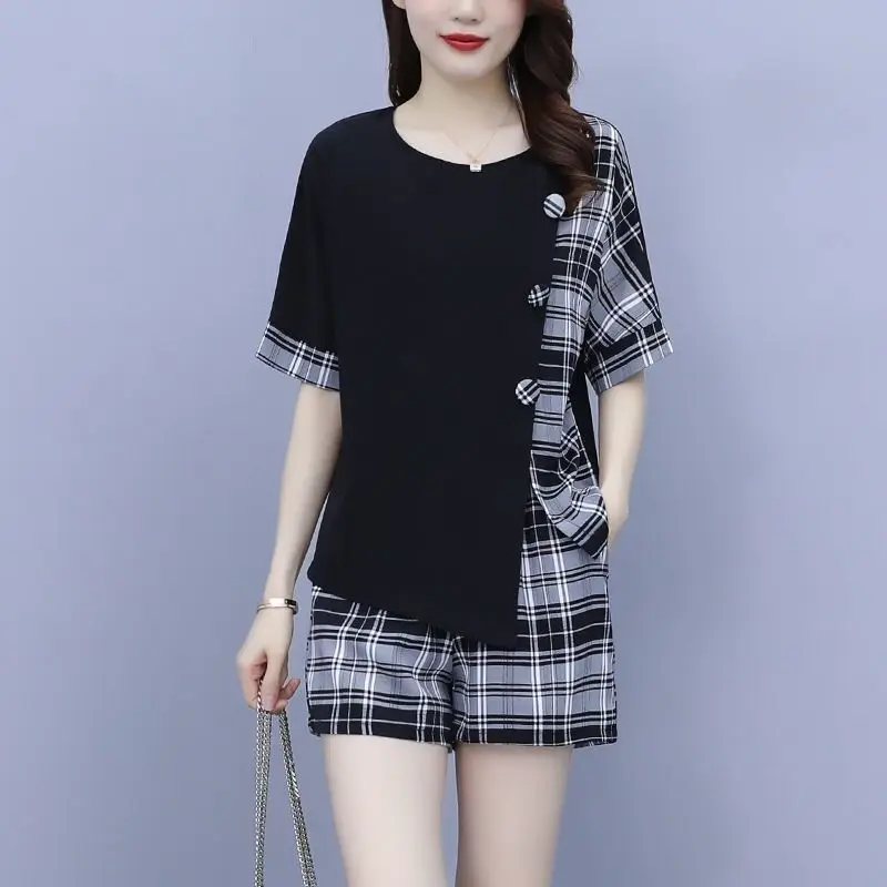 여성 캐주얼 반바지 정장 2024 여름 새로운 느슨한 플러스 사이즈 의류 패션 셔츠 자르기 탑과 바지 여성을위한 두 조각 세트