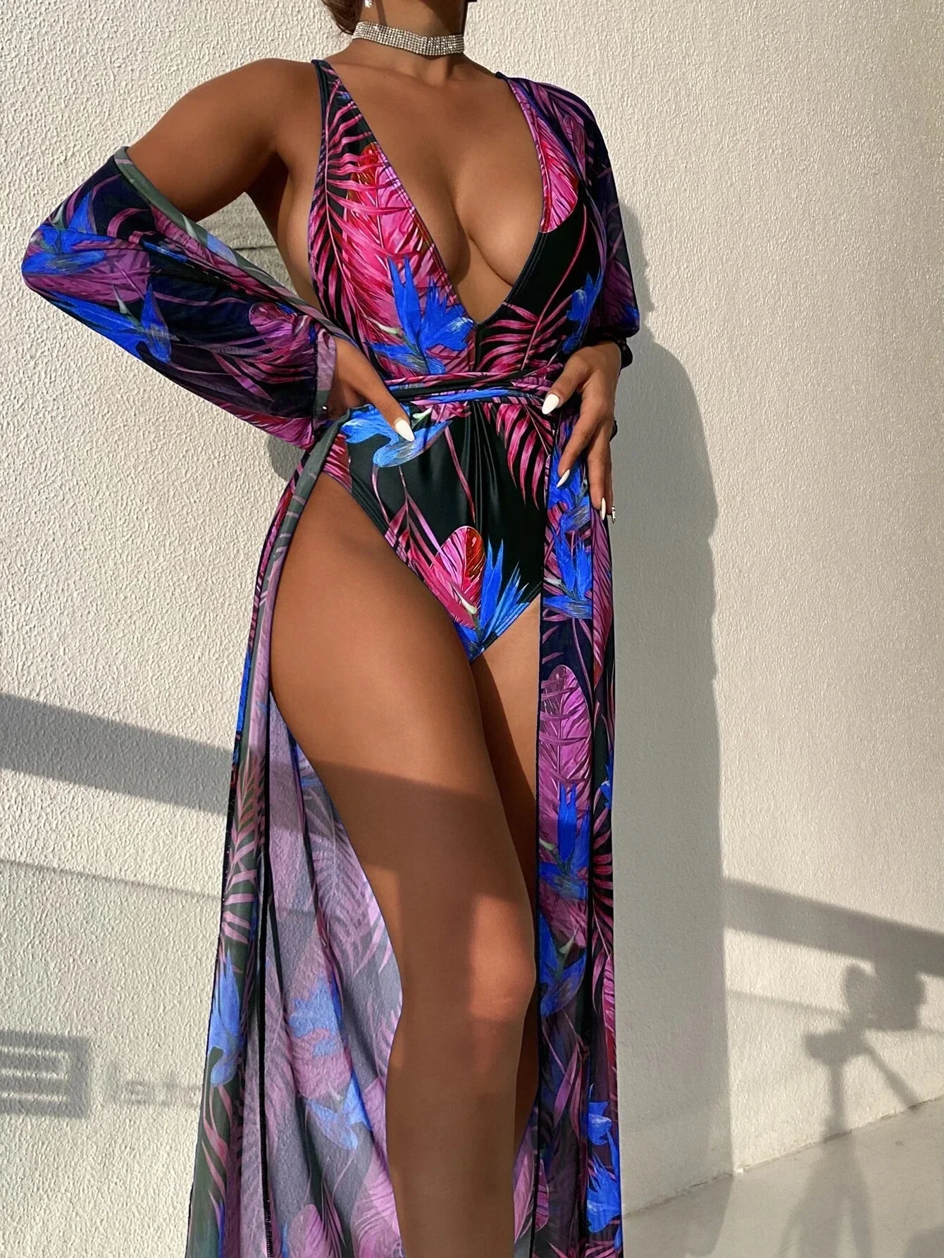 Two-piece Bathing Suit Printed Mesh Bikini Sexy Long Sleeve One Piece Swimsuit Women's Bikini Push Up Backless Korean Bikini Set