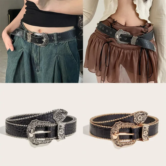Y2k – ceinture rétro en cuir PU, polyvalente, de luxe, à boucle ardillon, avec boucle gravée en métal, pour jean, unisexe 1