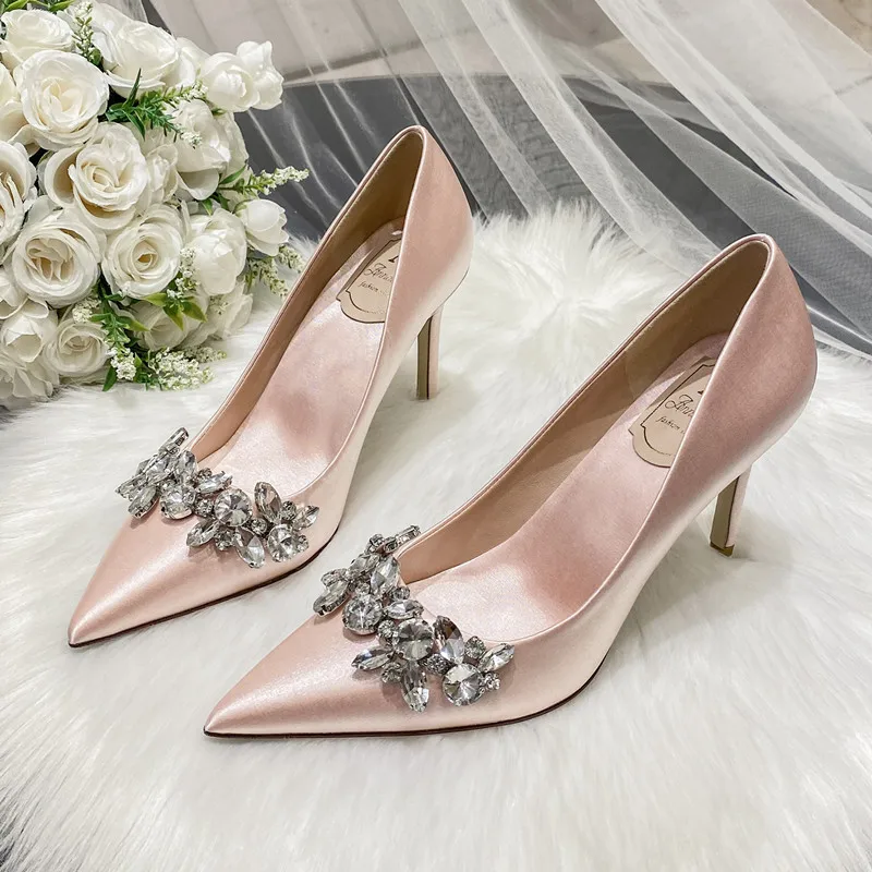 Wedding Shoes Crystal Bridal Shoes Champagne Color Satin Dress Bridesmaid  Shoes White High Heels Shoes Women Heels Pumps - Pumps - AliExpress