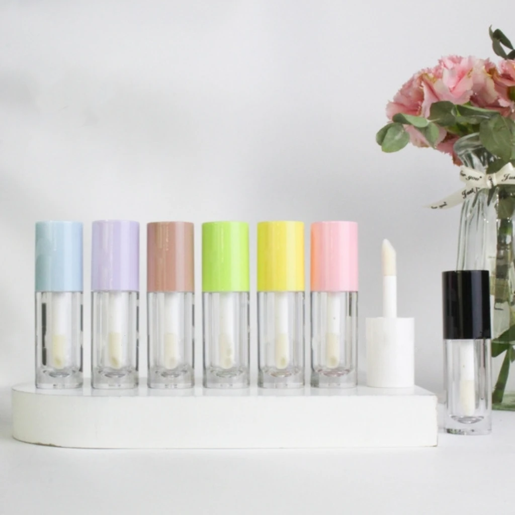 

Empty 6ml Round Lip Gloss Tube With White Pink Black Yellow cap Cosmetic Container Bottle With Big Large wand brush 30pcs