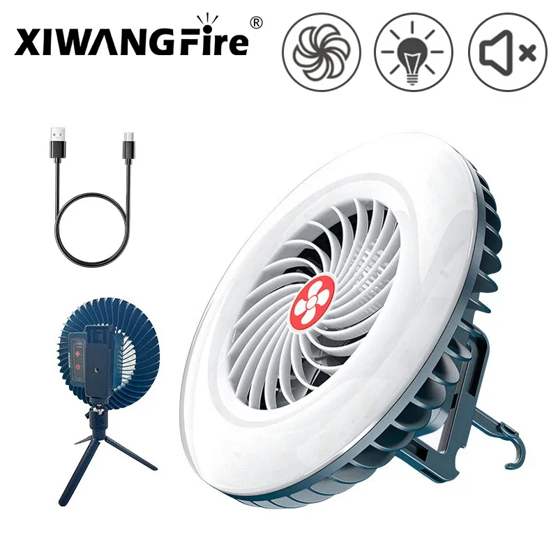 Portable Fan with LED Light USB Rechargeable Desk Fan Tent Lamp Magnetic Torch Outdoor Emergency Camping Lantern with Hook