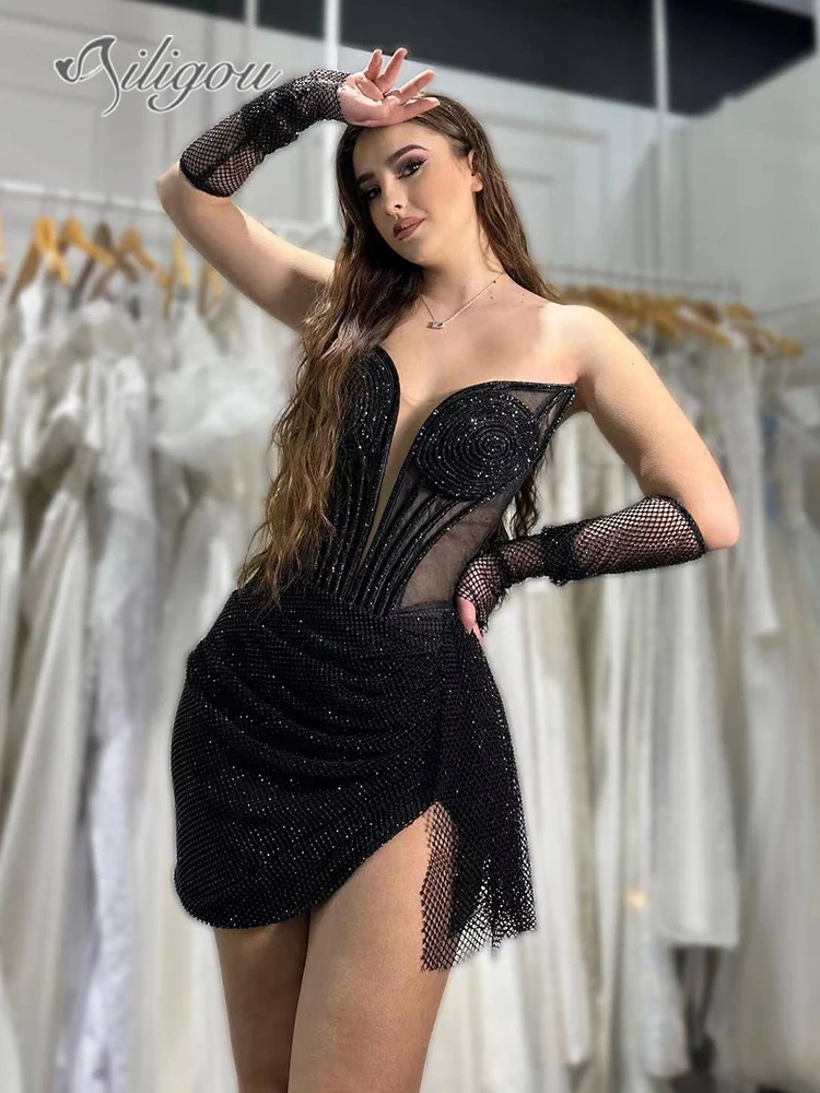 

Ailigou New Women's Black Sexy Luxury Sequins Off Shoulder Long Sleeve Tight Draped Mini Dress Elegant Celebrity Party Dress