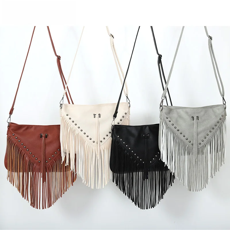 Personalized Fashion Rivet Soft Leather Trendy Casual Rivet Tassel Bag Single Shoulder Crossbody Bag Women's Bag Big Bag_voghion.com