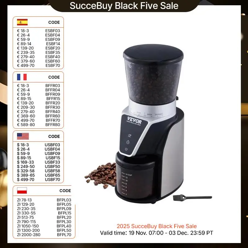 VEVOR 40MM Conical Burr Grind Setting Coffe Bean Electric Grinder Mocha Espresso Adjustment Coffee Machine for Home and Kitchen