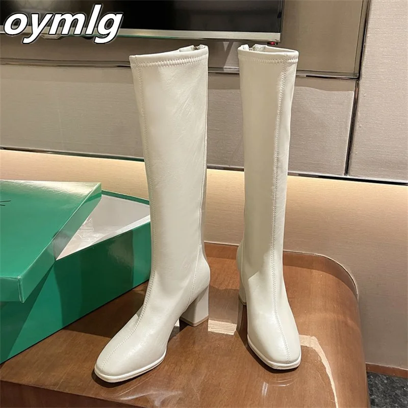 여성용 2023 슬림 탄성 부츠, 나이트 부츠, 스퀘어 토 오버 무릎 두꺼운 힐, 하이힐, 겨울 신상