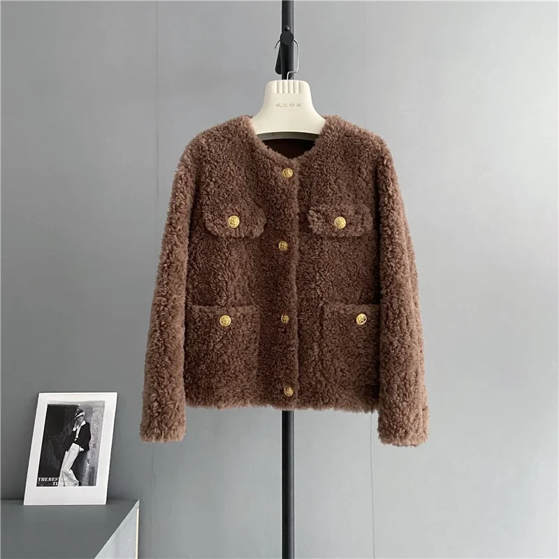 Casaco Preto Feminino 100 Australian Wool Green Pure Cashmere Coat 2023 New Young Ladies Gold Buckle Lamb Fur Jacket for Women