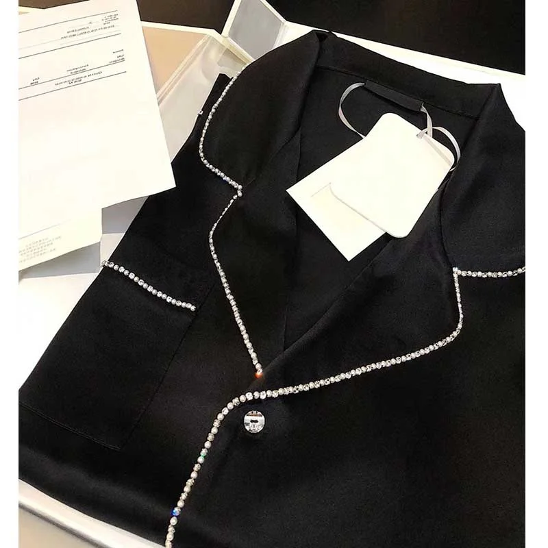 

Шелковые пижамные комплекты Cosmicchic, Топ с длинным рукавом и брюки, шелковая пижама с искусственными бриллиантами, женская пижама, домашний костюм, настраиваемое название