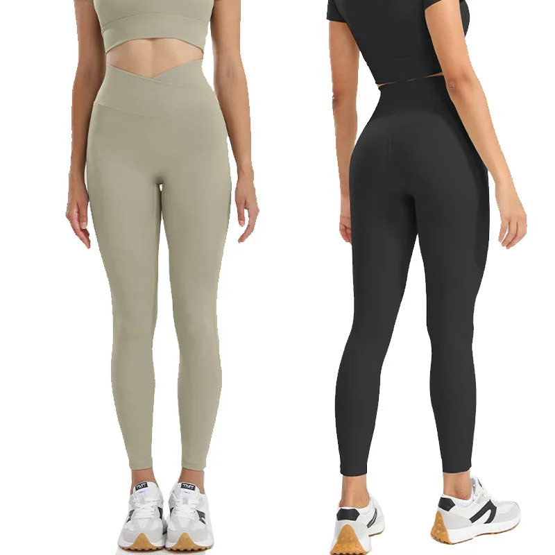 

Cross Waist Brushed Fitness Yoga Pants Gym High Waist Buttocks Seamless Nude Outerwear Women Quick-drying Tights Summer V Waist