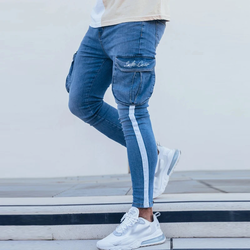 

Men's Casual Skinny Denim Trousers High Street Hip Hop Pure Color Jeans Pocket Zipper Slim Fit Hole Shredded Long Pants
