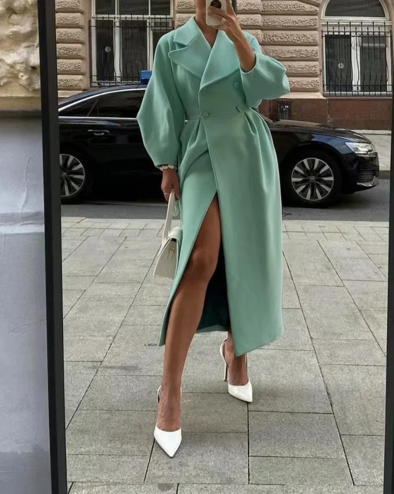 Women Woolen Coat Lapel Double-Breasted Office Lady Long Jackets Autumn Lantern Sleeve Windbreaker Thick Streetwear Female Coats