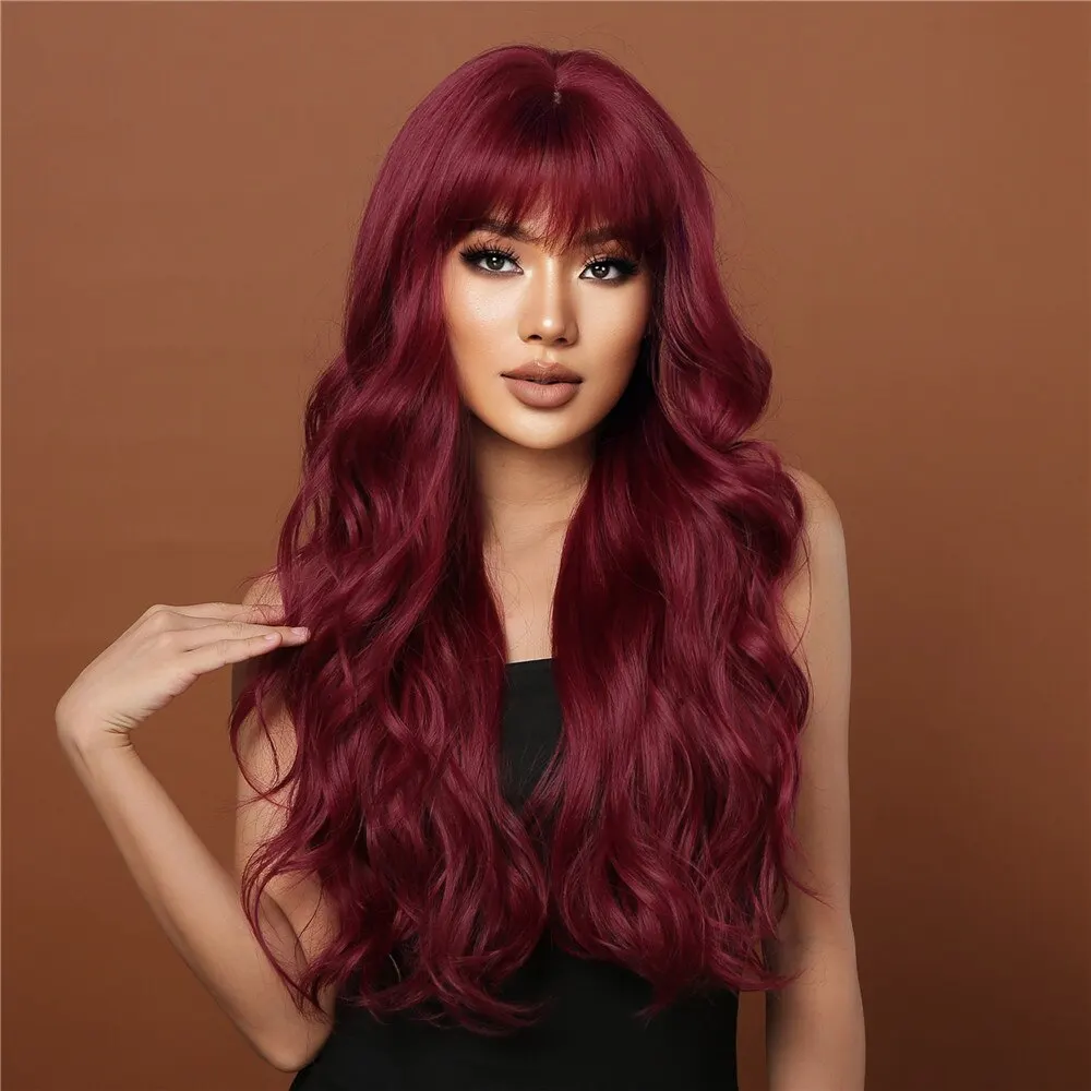Pelucas de color rojo vino para mujeres, pelucas largas onduladas color burdeos con flequillo, peluca de uso diario para fiestas de cosplay, peluca de pelo sintético de alta temperatura_voghion.com