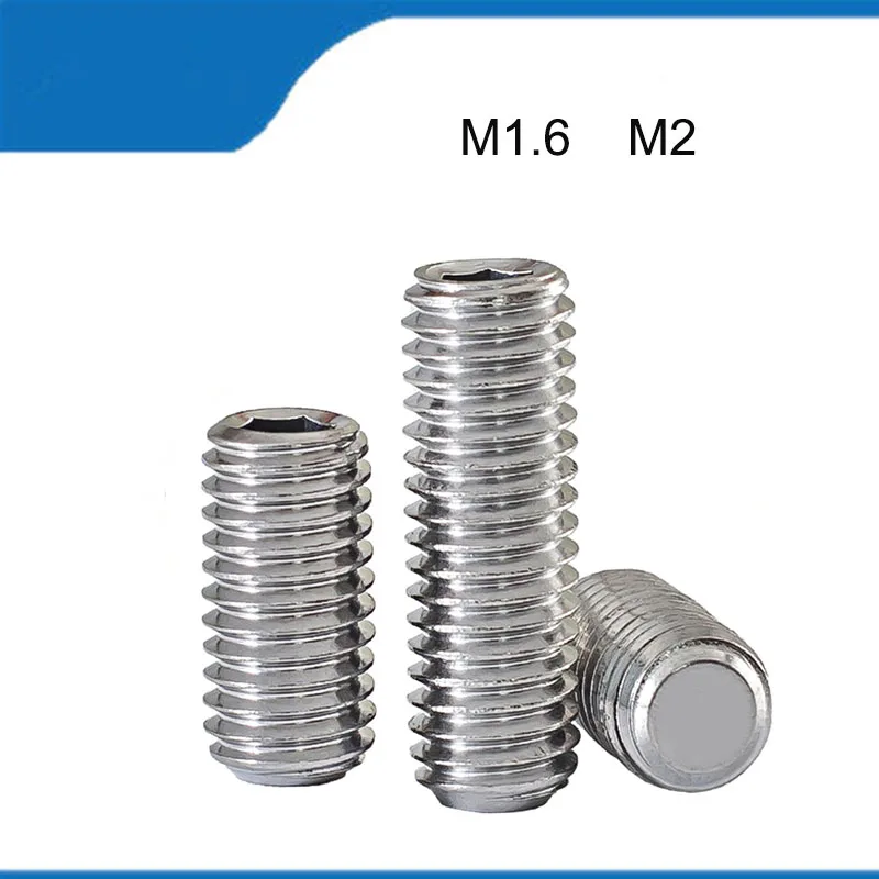 

High Quality 50/100PCS M1.6 M2 304 Stainless Steel Concave End Tighten Screw Headless With Six Corners Inside Hex Socket Set