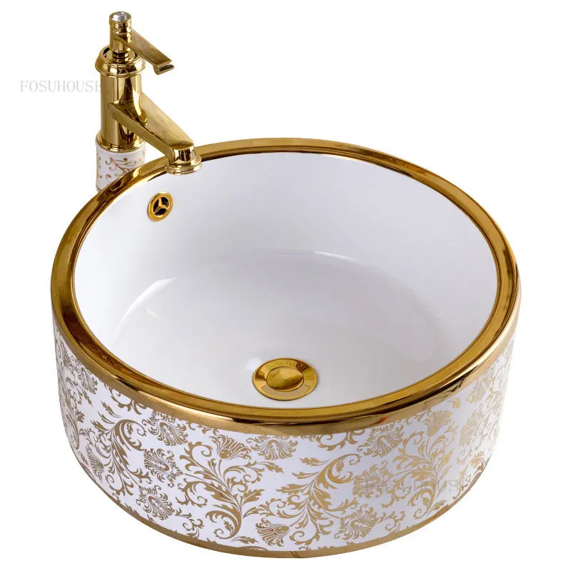 European-style Ceramic Bathroom Sink Square Countertop Basin Round Gold Art Basin Light Luxury Washbasin Set Washing Hand Basin 2
