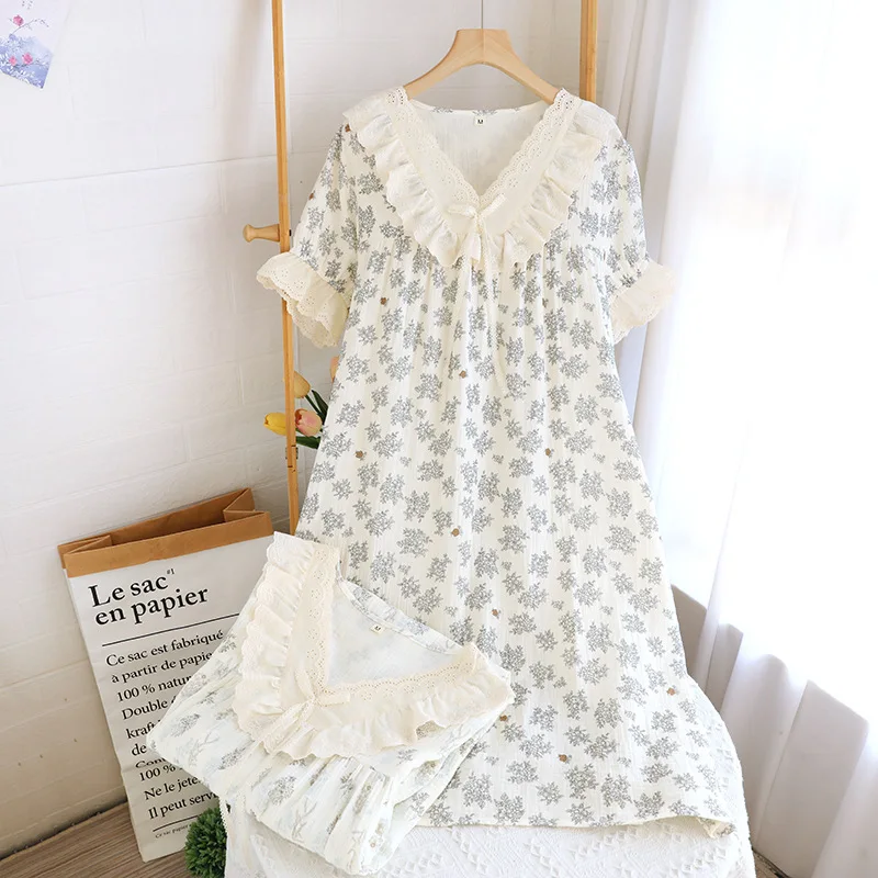 Cotton Nightgown for Girls Summer Thin Lace Night Wear French