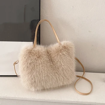 Faux Fur Tote Bag Women's Bucket Plush Luxury Design Ladies Handbags Soft Winter Crossbody Shoulder Bags Bolsa Feminina 1