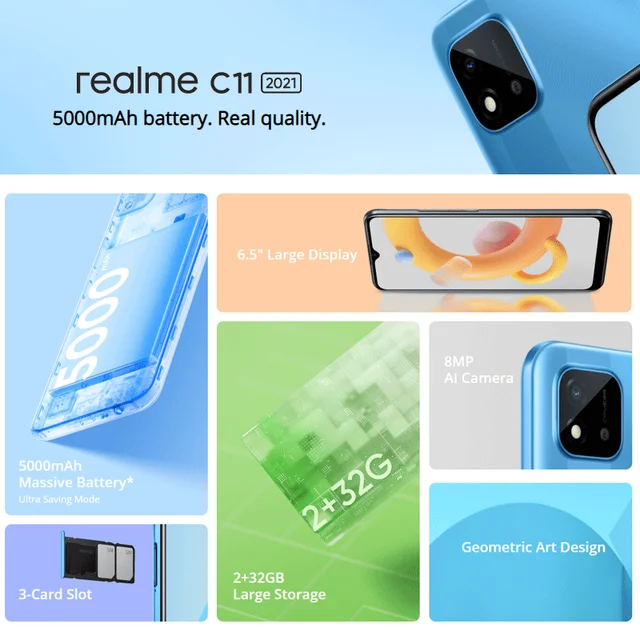 Global Version Realme C11 2021 4G  Cellphones 2GB/4GB RAM 6.5" HD+ Octa-core 8MP AI Camera 5000mAh Battery Mobile Phones 2
