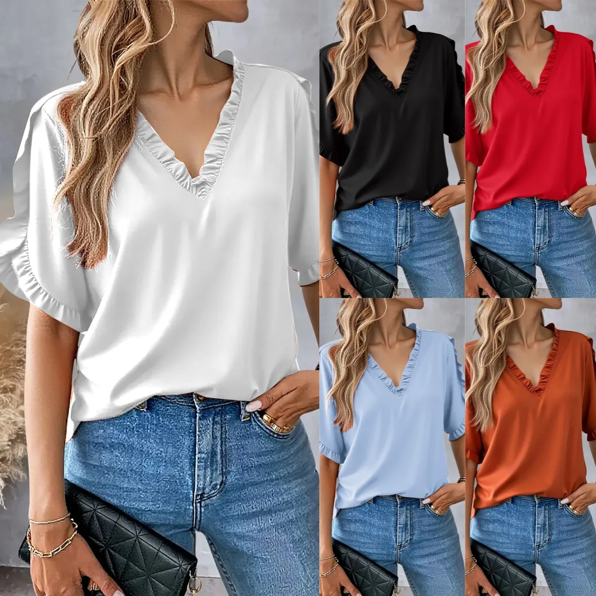 Women Loose Fit V Neck Short Sleeve Blouse