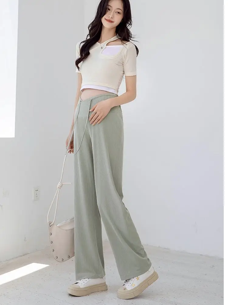 

2024 Summer Drawstring Low Waist Maternity Trousers Loose Casual Ice Silk Sunscreen Women Pants Floor-length Pregnancy Pants