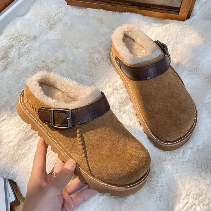 Fur Women Flats Slippers Platform Warm Walking Shoes 2023 Trend Winter New Short Plush Cotton Mules Shoes Home Fad Flip Flops