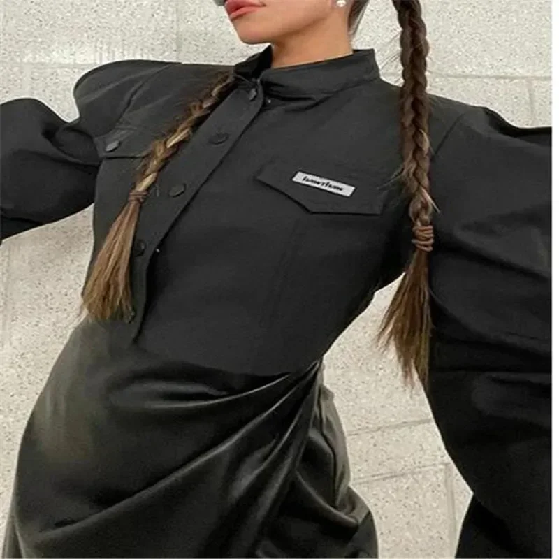 

Letter Print Black Long Puff Sleeves Buttons Oversized Sweatshirt Fall Female Designer Streetwear Party Outfit ASTS856244