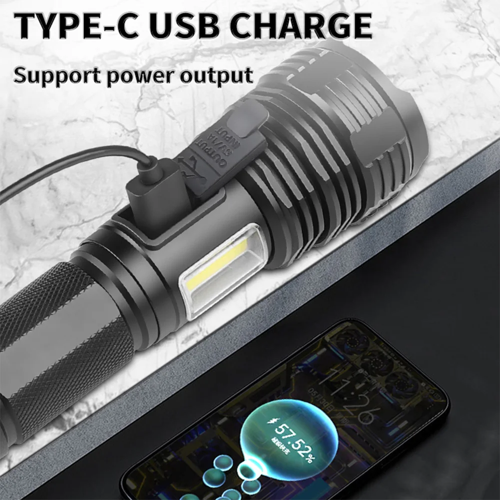 슈퍼 브라이트 USB 충전 강력한 LED 손전등, IPX4 방수 캠핑 랜턴 손전등, 정전용 1000LM
