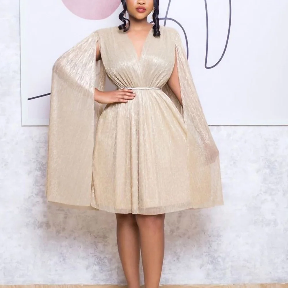 

Elegant Party Dresses Women V Neck Flying Sleeve High Waisted Straight Knee Length Fashion Female Birthday Dinner Vestidos Mujer