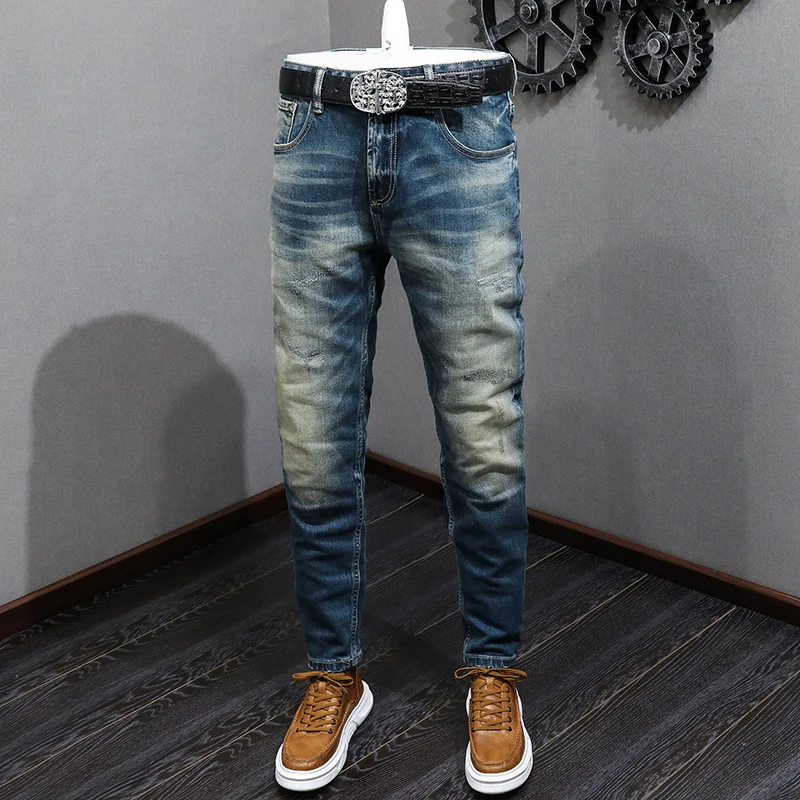 fashion vintage men jeans high quality retro blue elastic slim fit ripped jeans men casual trousers designer denim pants hombre Newly Fashion Designer Men Jeans High Quality Retro Blue Slim Fit Ripped Jeans Men Trousers Vintage Casual Denim Pants Hombre