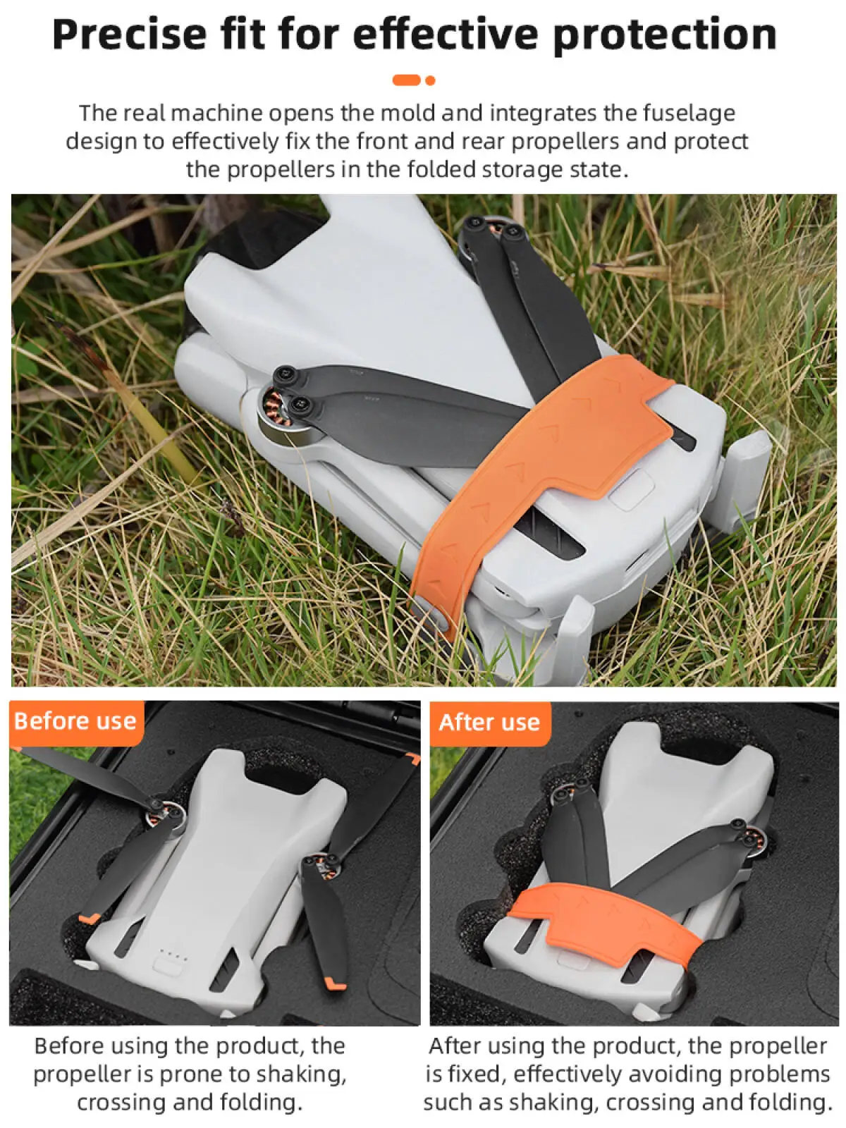 Support d'hélice pour DJI Mini 3 Pro et Mini 3 installé sur un drone, sécurisant les hélices en vol.