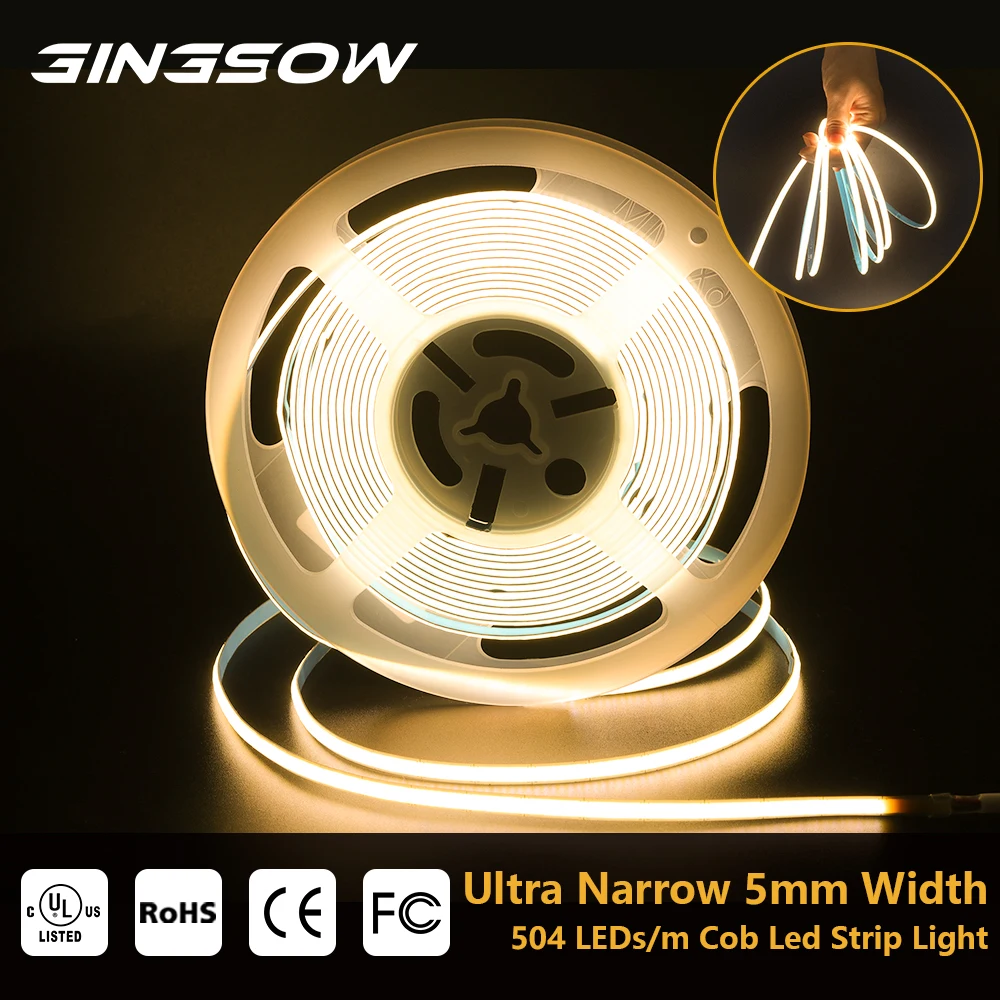 

Gingsow 5mm COB LED Strip Light Ultra Narrow 504LEDs/M High Density RA90 Warm/Nature Cool White Flexible Tap Linear Dimmable