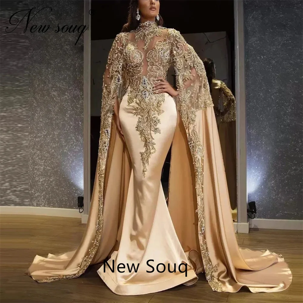 

Kaftans Appliques Beading Evening Dresses Custom Made Long Sleeves Evening Gowns Arabic Dubai Champagne Party Dress For Weddings