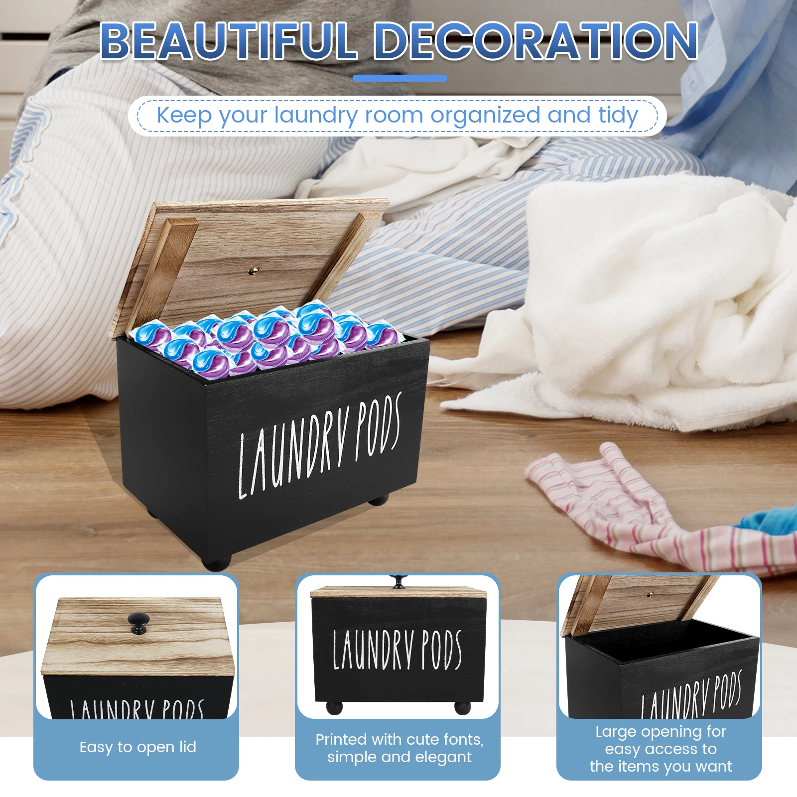 Description Picture 6 of itemLaundry Pods Container Wooden Dishwasher Storage Box Washing Capsules Holder with Lid Multipurpose Dryer Sheet Container