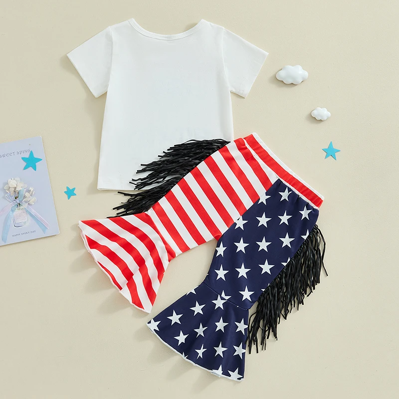 

4th Of July Baby Girl Outfits Howdy America Short Sleeve T-shirt American Flag Tassel Bell Bottom Pants Set