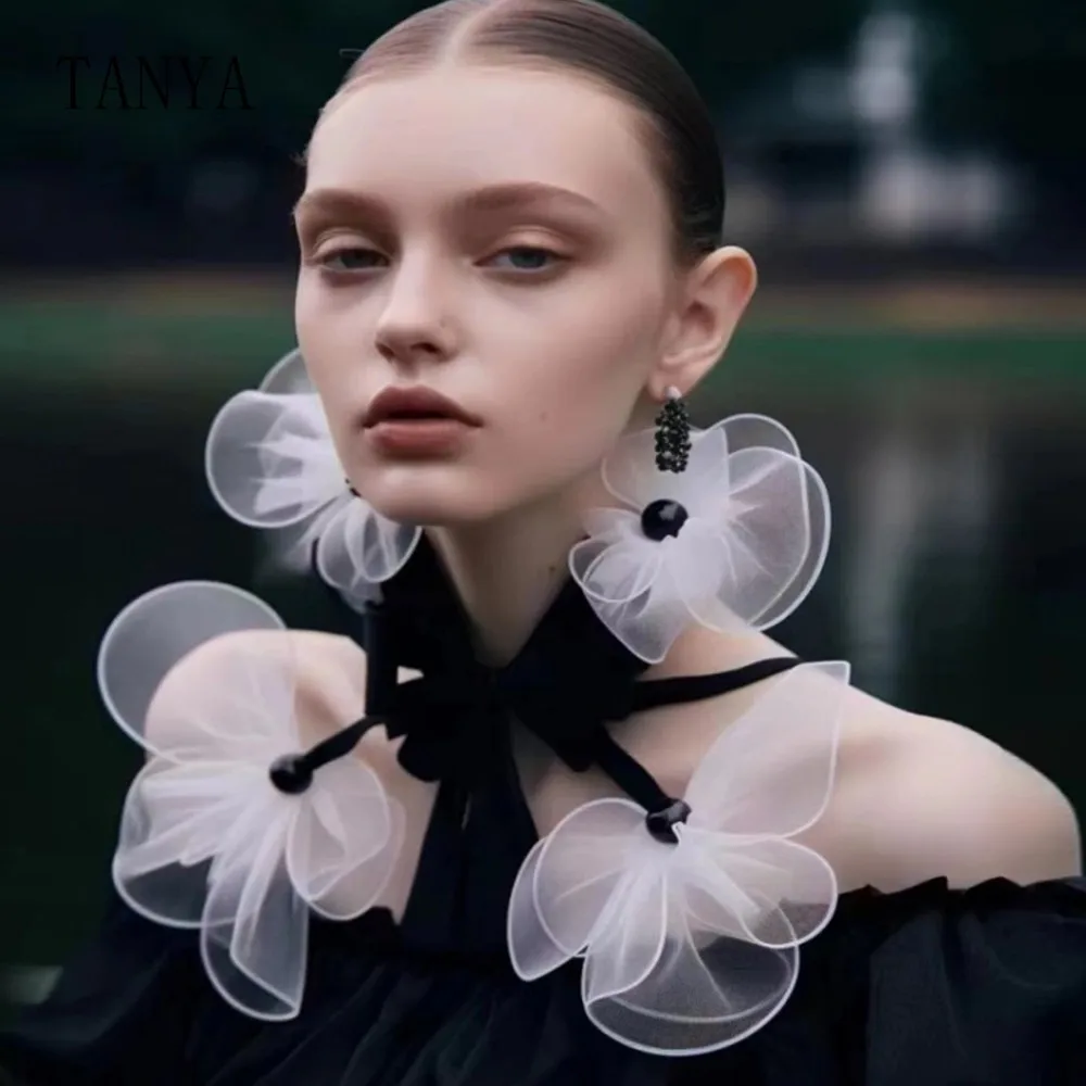 

Vintage Ribbon Necklace Tulle Flower Earrings Choker Women Modern Clavicle Chain Banquet Party Fashion Accessories