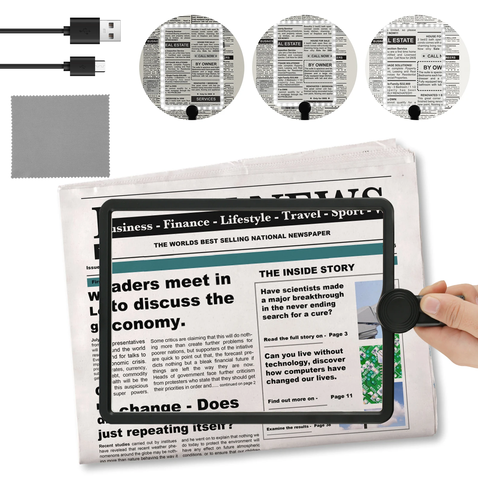 5X Dimmable Neck Wear Magnifying Glass Square LED Reading Magnifier for Full Book Page