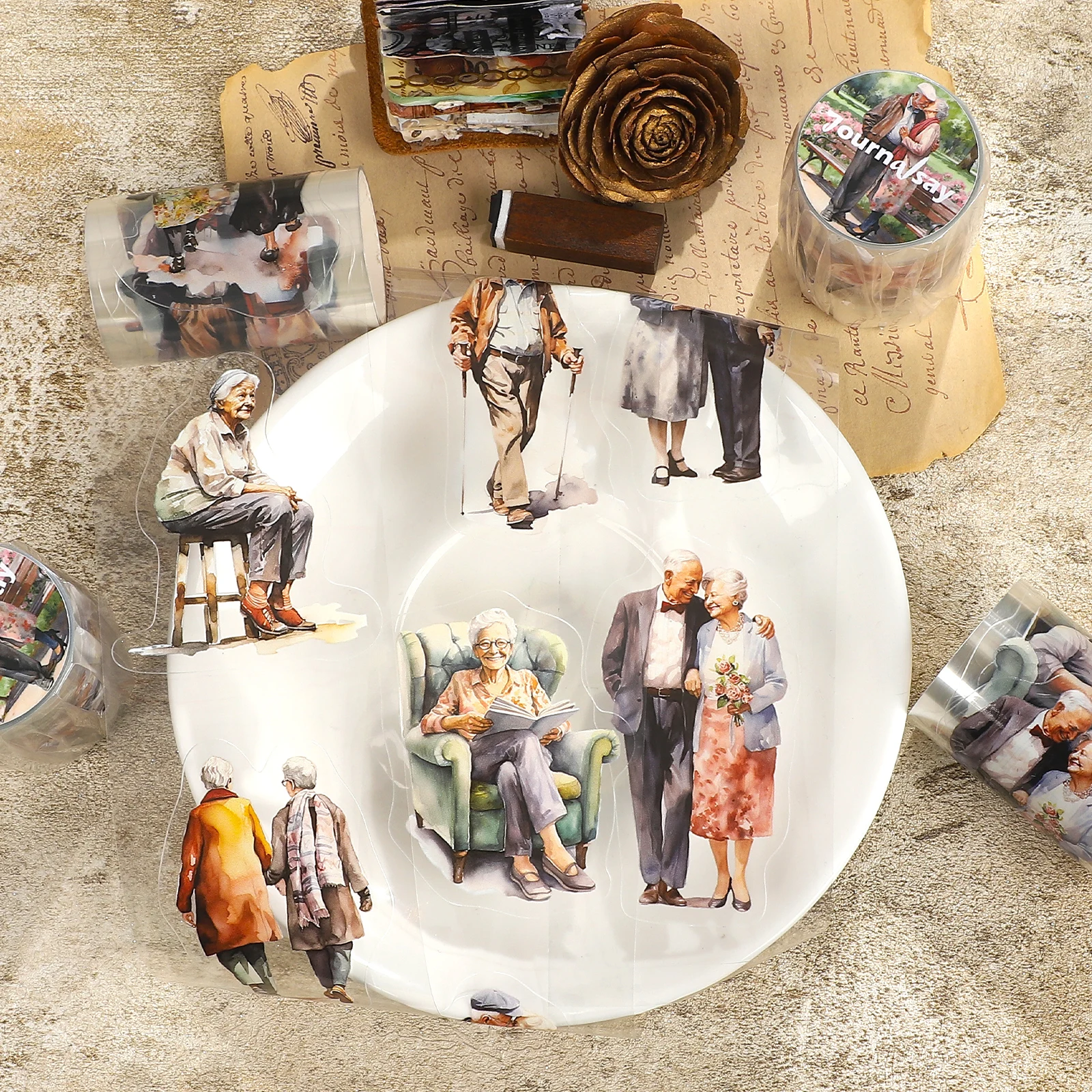 60mm*200cm 빈티지 노인 캐릭터 풍경 PET 테이프 창의적인 DIY 저널 재..