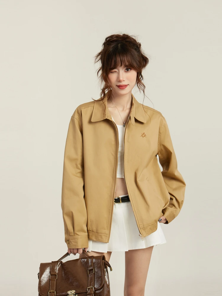 Jacket Coat Women's American-Style Retro Zipper Yellow Letter Embroidered Spring and Autumn Thin Parka Casual Cardigan Fashion