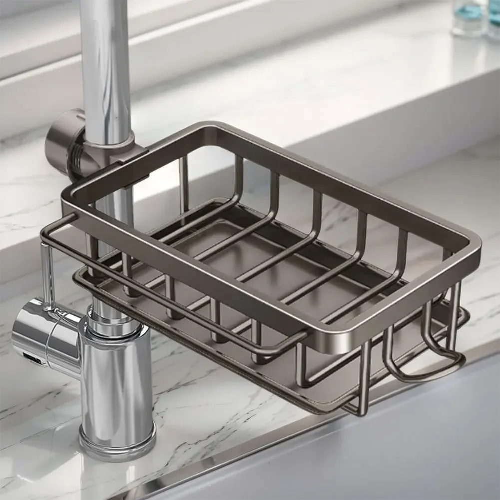 Kitchen Sink Faucet Organizer Detachable Sponge Holder for Kitchen Sink Faucet Drain Rack with Hook for Bathroom Scrubbers Soap