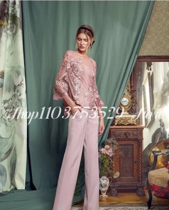 Elegant Mother of Bride Gowns Gemstone Neck Long Sleeve Lace Prom Dresses Chiffon Trousers Formal Wedding Guest Dress mother bride dresses