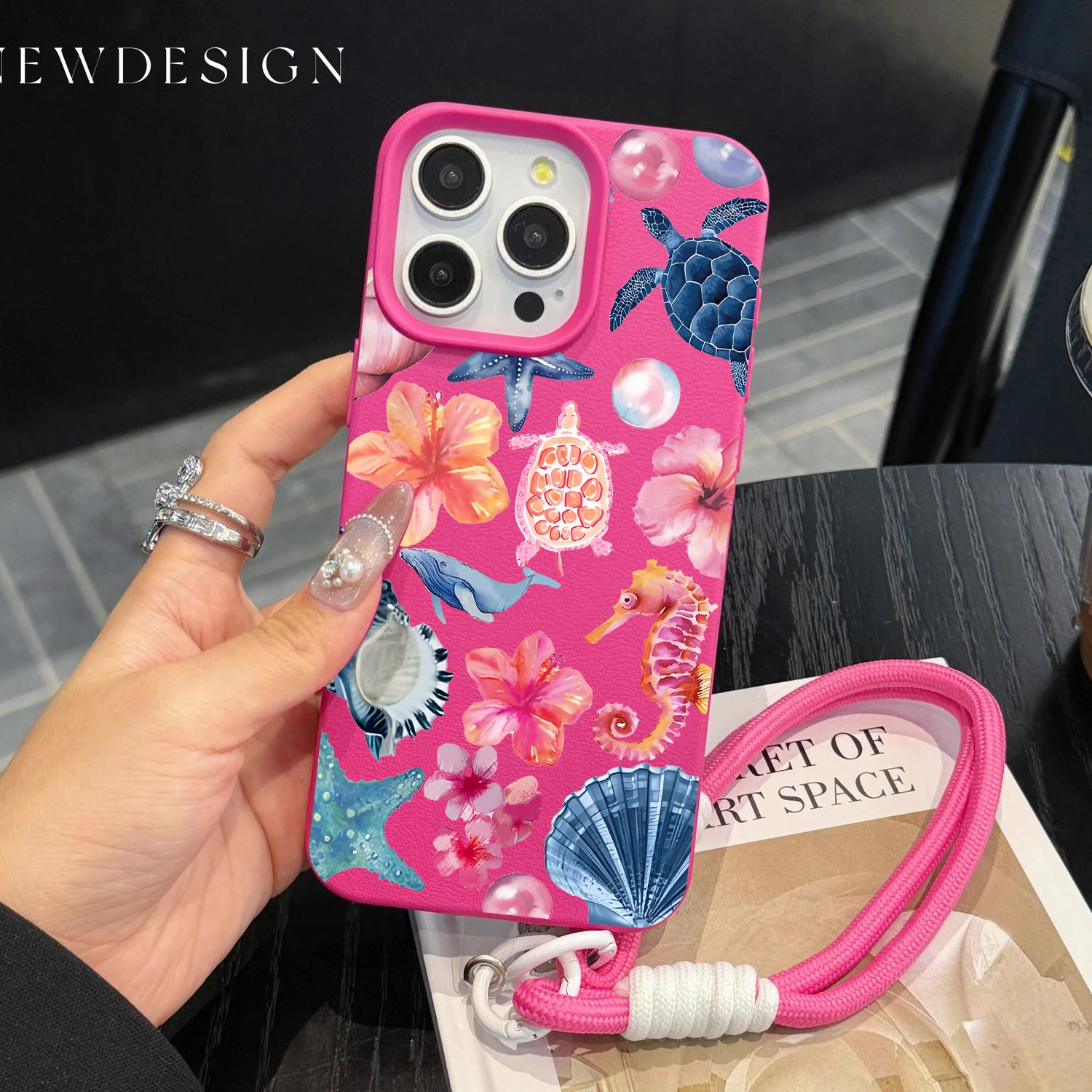 Shockproof Lichee Pattern Phone Chain Lanyard Case with Starfish Coral Jellyfish Design