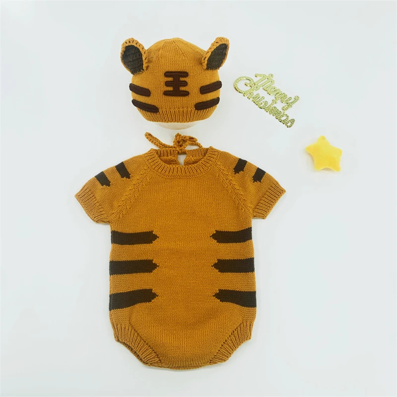 Tiger Theme Baby Photo Shoot Clothing Knitted Romper Hat 2pcs Set