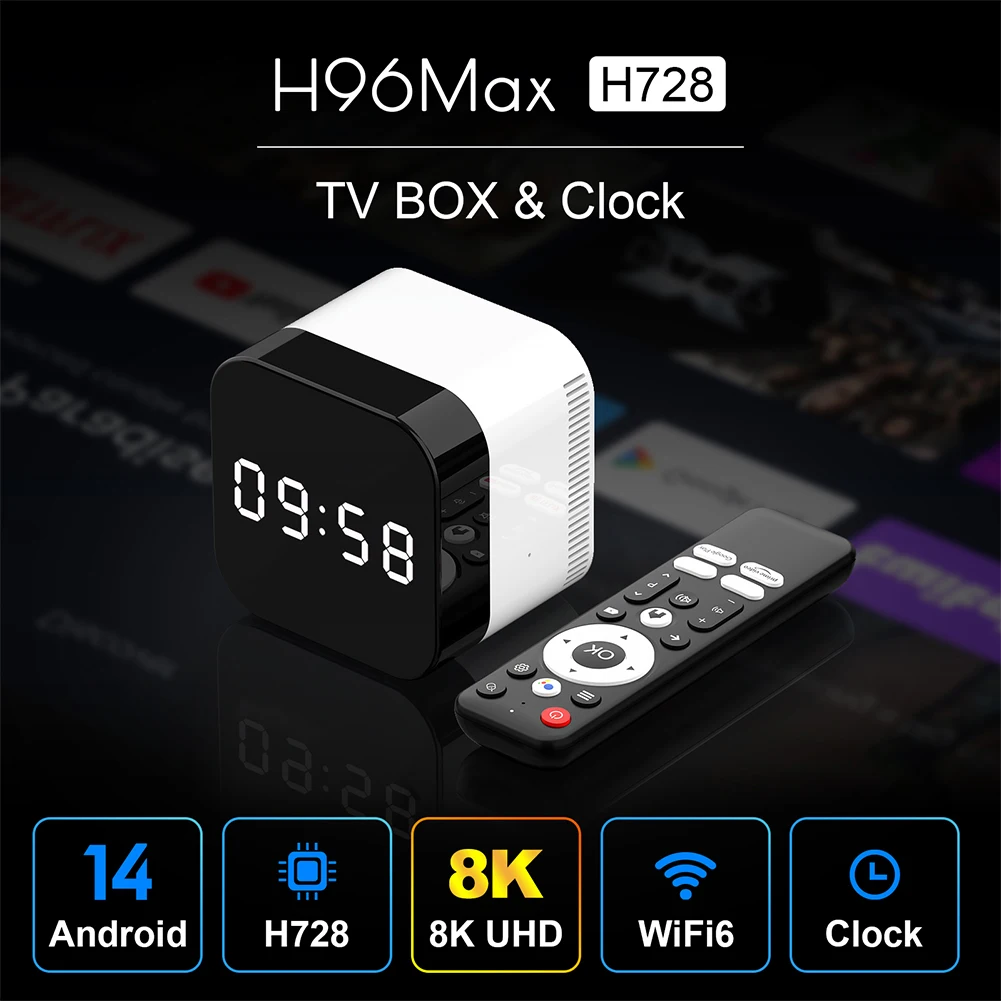 H96Max H728 Smart TV Box With 2.4G Voice Remote Control Android 14.0 WIFI 6 BT 5.X Set Top Box Clock Display UI 8K Media Player