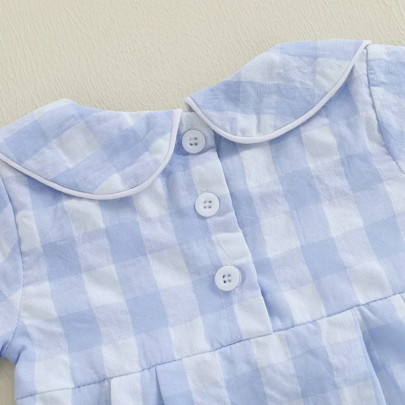 FOCUSNORM 0-18M Sommer Infant Baby Jungen Mädchen Strampler Kurzarm Puppe Kragen Plaid Print Brief Stickerei Geburtstag overalls – Detail 10