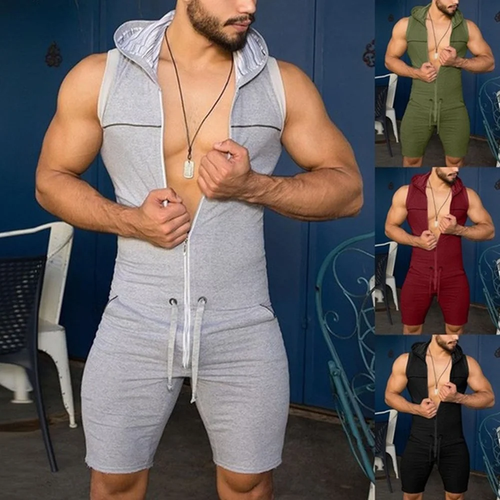 Summer Men Sports Suit Sleeveless Hooded Zipper Sweatshirt Solid
