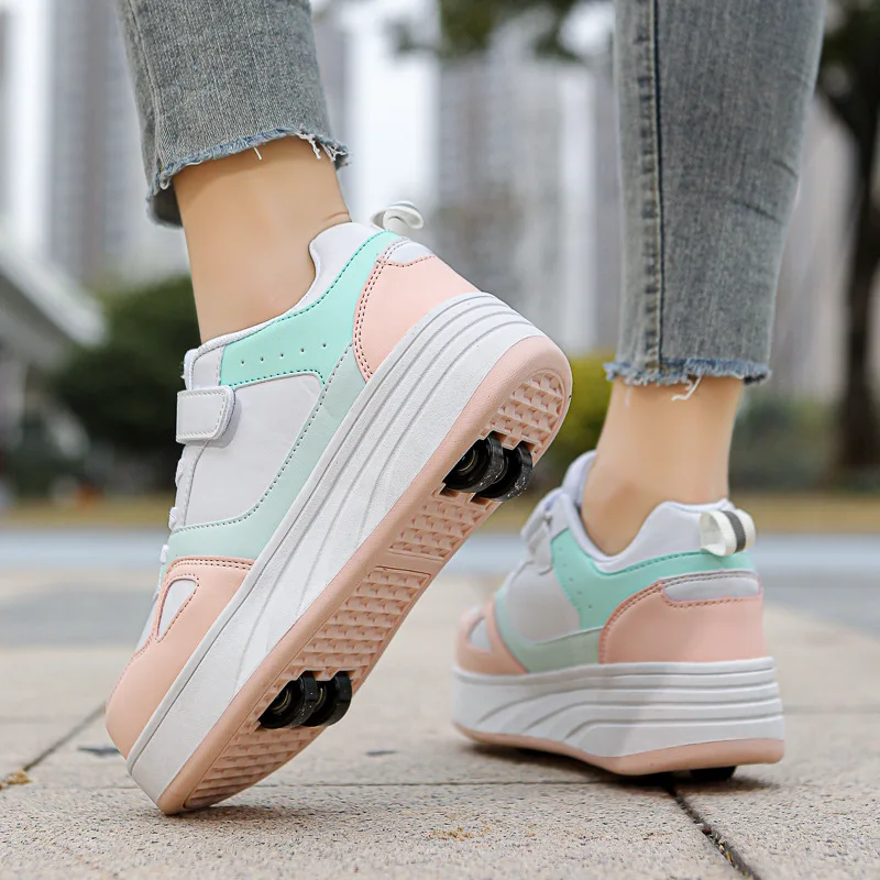 New Four Wheels Women & Girls PU Leather Children Roller Shoes Fashion Boys Sneakers Breathable Kids Skates Size 30-40