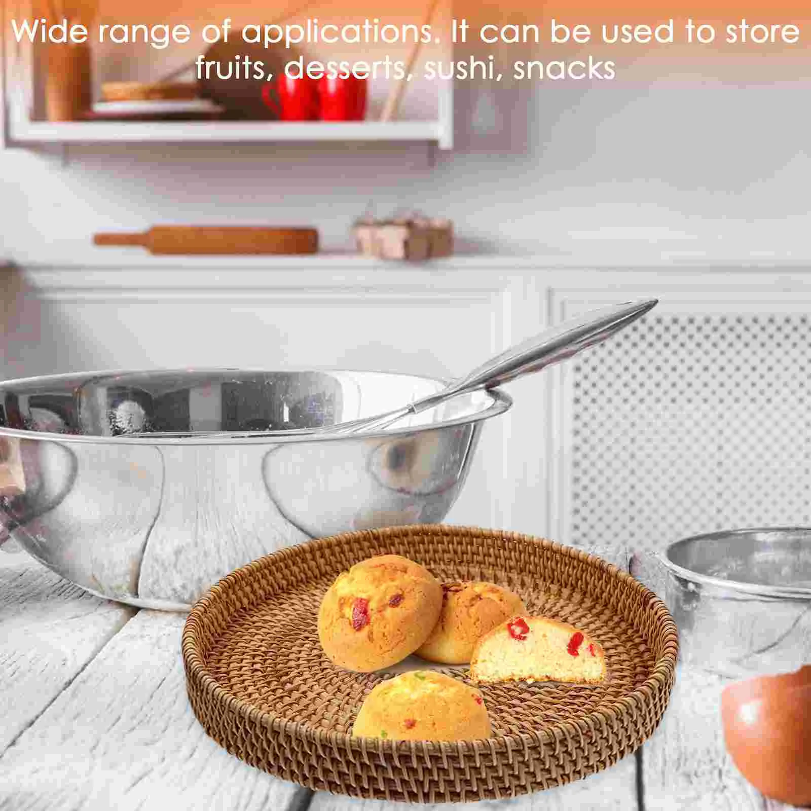 Wicker Bread Basket Foods Serving Plate Rattan Storage Table Decor Coffee Tray Light Brown 2