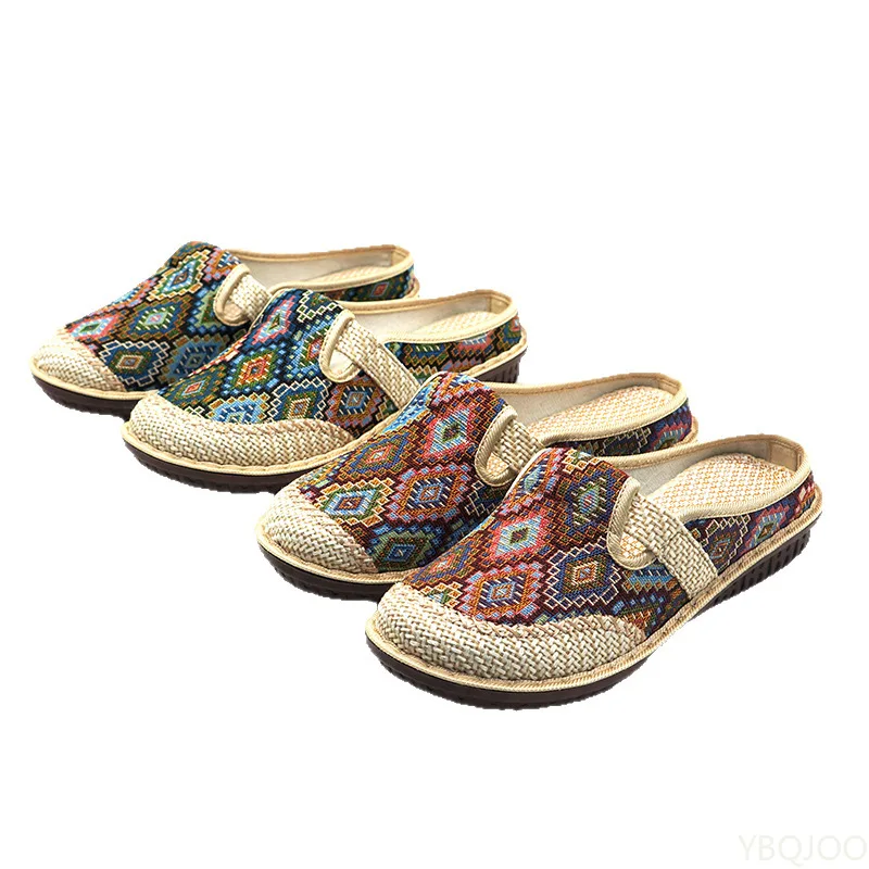 Ethnic Style Embroidered Shoes New Linen Breathable Half Slippers for Women with Soft Soles Women's Cloth Shoes for One Foot