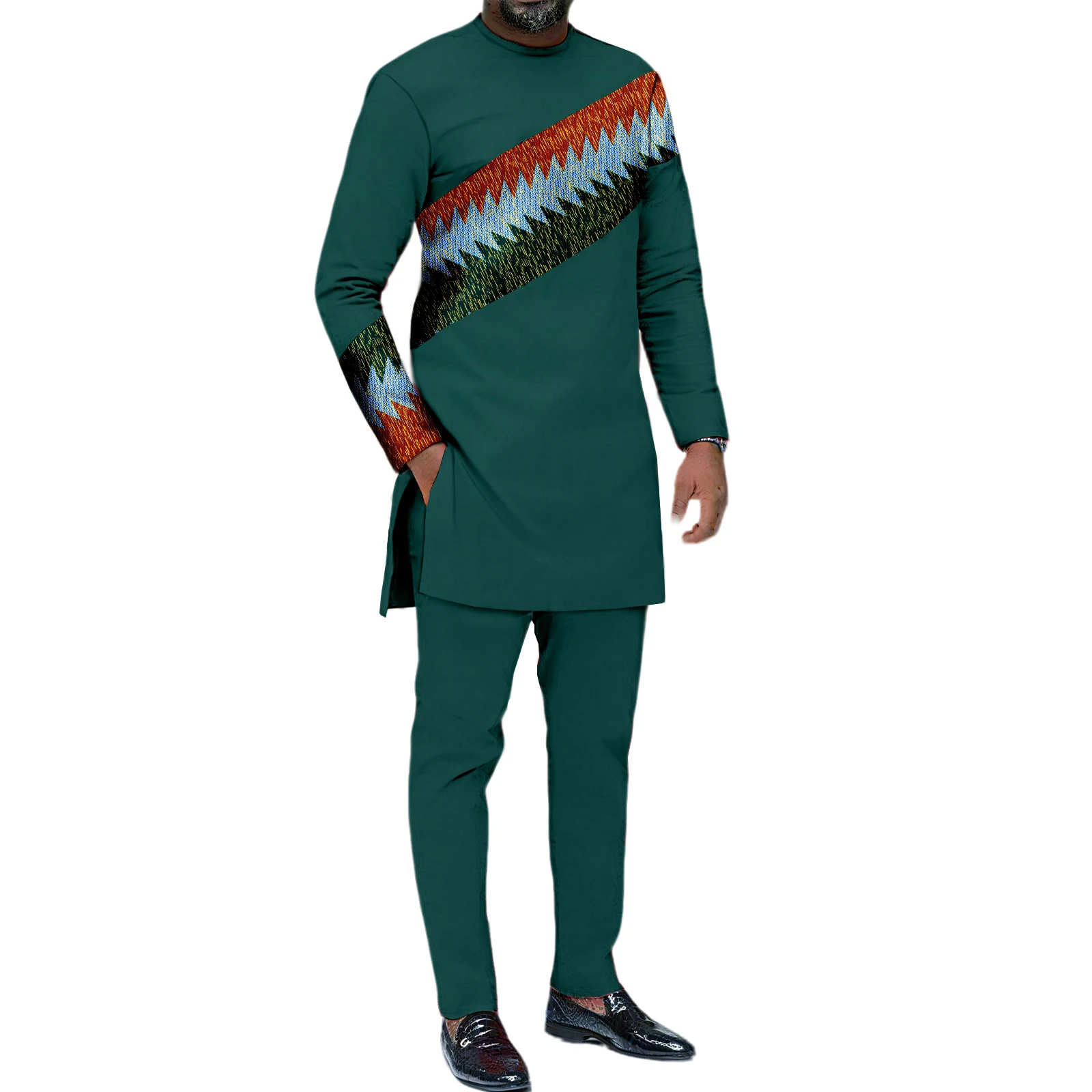 Men's African Clothing Dashiki Suit Kente Print Patchwork Top Shirt Pants Outfits 2 Piece Set Nigerian Attrie