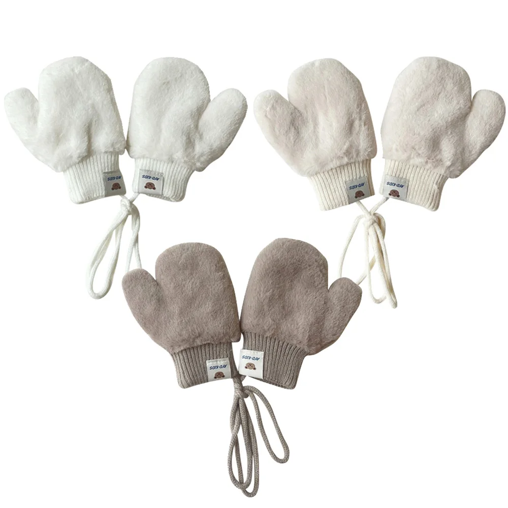 Faux Fur Children Mittens Thicken Warm Halter Winter Baby Gloves for Girls Boys Lamb Wool Lining Korean Kids Snow Gloves Outdoor